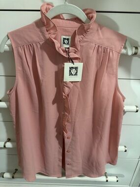 Anne Klein RoseTan Sleeveless Ruffle Front Blouse